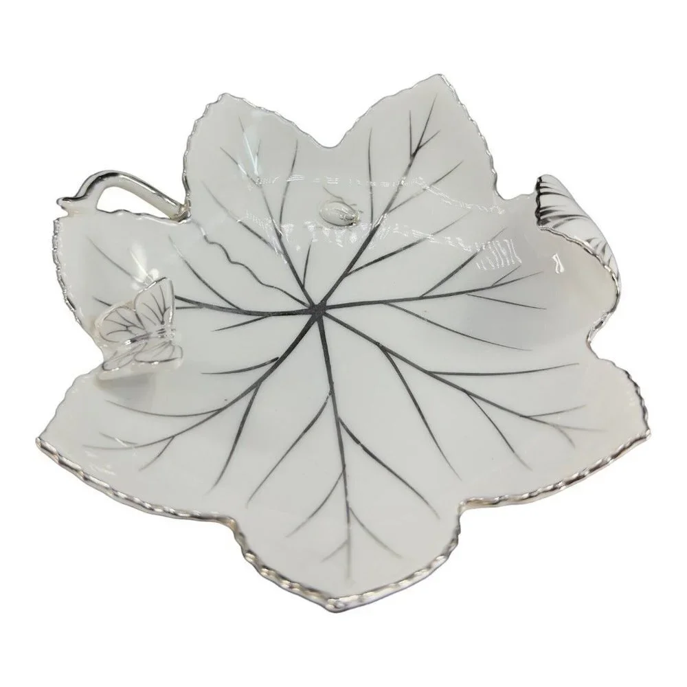 Andrea By Sadek Hand Painted Leaf Dish‎ Bowl Silver Overlay Butterfly And A Bug